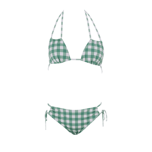 Jaida White and Green - checked tie side bikini set with double straps for extra support