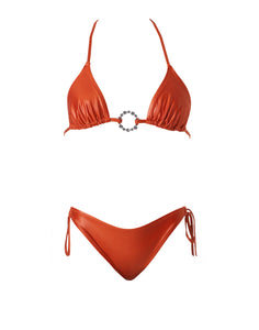Adele Flame Orange - glossy luxury triangle bikini set with a lifting effect and rust free crystal accessory