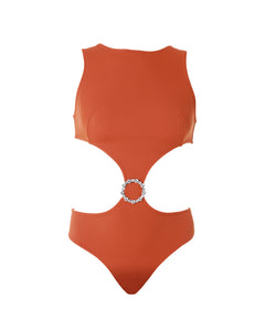 Ula Rusty Orange – Versatile Comfortable high neck and cut out swimsuit with moderate bottom coverage with rust free crystal accessory