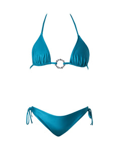 Adele Coral Blue - glossy luxury triangle bikini set with a lifting effect and rust free crystal accessory