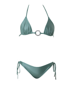Adele Granite Green - glossy luxury triangle bikini set with a lifting effect and rust free crystal accessory