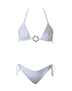 Adele Pearl White - glossy luxury triangle bikini set with a lifting effect and rust free crystal accessory