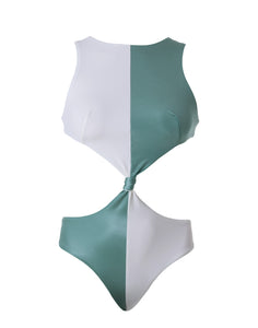 Agate Sugar white and Granite Green – Comfortable high neck and cut out swimsuit with moderate bottom coverage