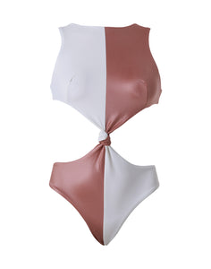 Agate Sugar white and Dawn Pink – Comfortable high neck and cut out swimsuit with moderate bottom coverage