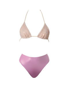 Beryl Metallic Pink – rhinestone embellished soft stretch mesh triangle top and high waist bottom swimwear