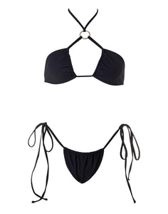 Nikhi Black – adjustable halter bikini top accessorized for a fuller visual effect and sultry bikini bottom
