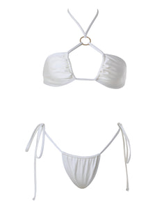 Nikhi Sugar White – adjustable halter bikini top accessorized for a fuller visual effect and sultry bikini bottom