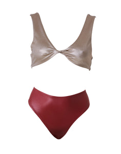 Sardy Sand Gold and Terracotta Red – twisted sport – chic bikini top and glossy high waist bottom swimwear