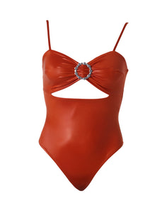 Shaphira Flame Orange – Versatile stretch and comfortable luxurious swimsuit with rust free crystal accessory