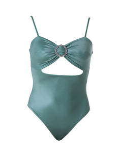 Shaphira Granite Green – Versatile stretch and comfortable luxurious swimsuit with rust free crystal accessory