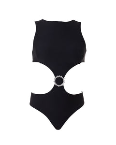 Ula Black – Versatile Comfortable high neck and cut out swimsuit with moderate bottom coverage with rust free crystal accessory
