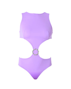 Ula Lilac – Versatile Comfortable high neck and cut out swimsuit with moderate bottom coverage with rust free crystal accessory